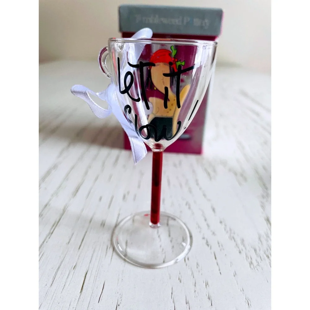 Tumbleweed Pottery Let It‎ Flow Wine Glass Ornament Hand Painted Mini Boxed
